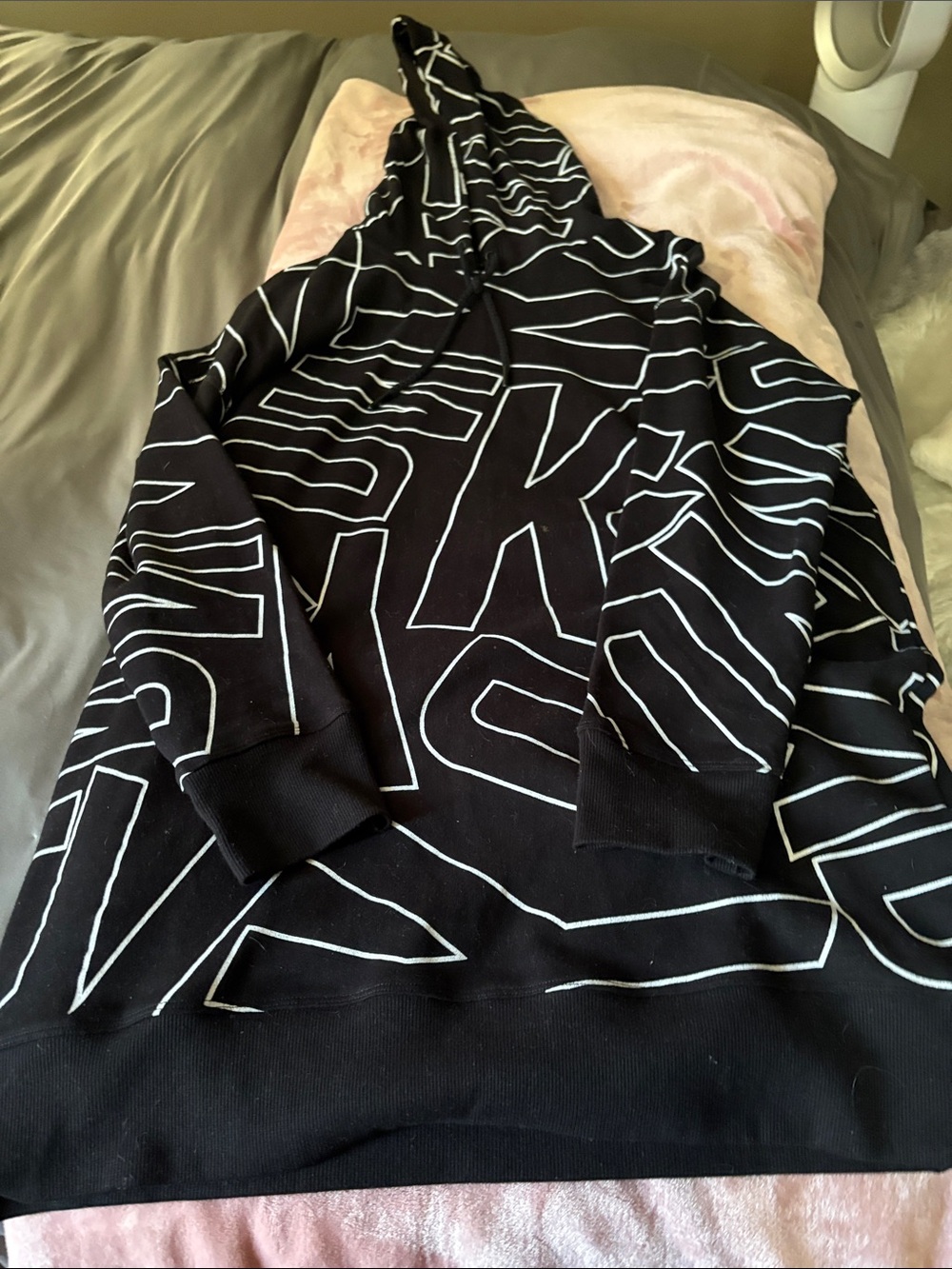 DKNY black Graphic Hoodie sweater dress with White Outline Lettering.